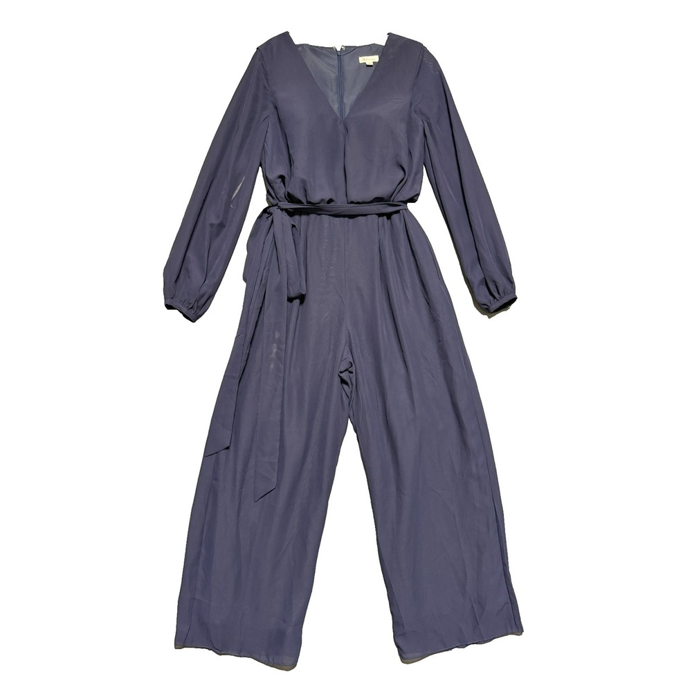 AW Bridal Chiffon Jumpsuit Free Size Blue V-Neck Long Sleeve Elegant Formalwear